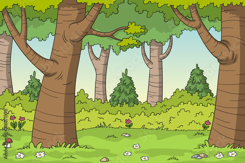 Cartoon forest landscape with flowers. Hand drawn vector illustration with separate layers.