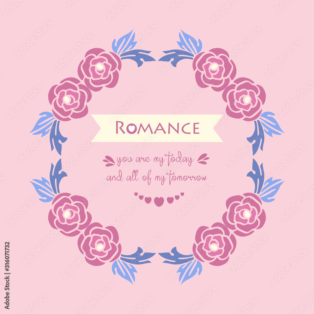 Decoration of leaf and floral frame isolated on pink background, for romance day greeting card design. Vector