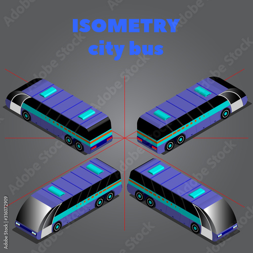 Isometric 3D city three-axle bus in four projections