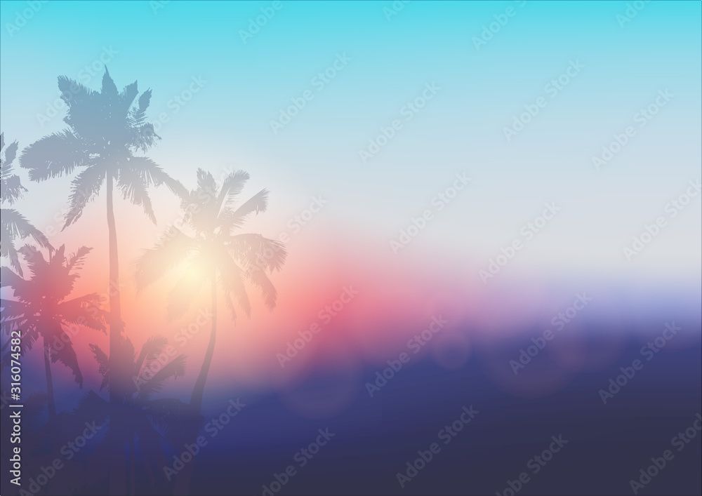 Background with silhouette of palm trees and tropical sunrise. Vector illustration