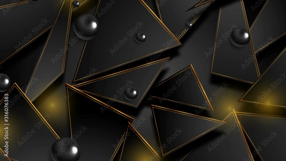 Golden and black abstract hi-tech low poly motion background with dark glossy spheres. Seamless looping. Video animation Ultra HD 4K 3840x2160