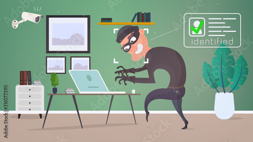 Thief in the house. The surveillance camera identified the thief. A burglar steals data from a laptop. The concept of safety and security. Flat style vector illustration.