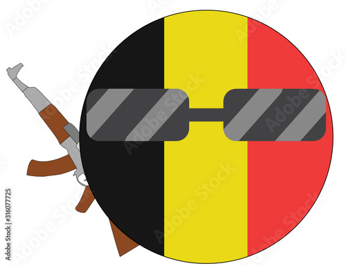 Cool Belgium flag emoji. Round Belgian flag emoticon wearing sunglasses and holding a machine gun. Expression of protest, fighting for freedom, independence, patriotism and Belgian culture.