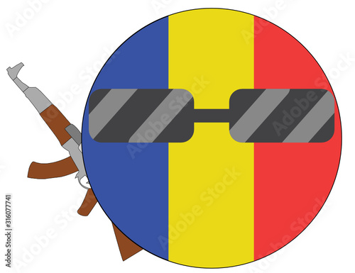 Cool Chad flag emoji. Round Chadian flag emoticon wearing sunglasses and holding a machine gun. Expression of protest, fighting for freedom, independence, patriotism and Chadian culture.