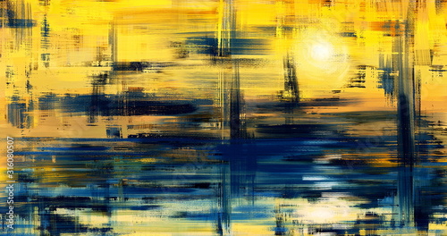 Fototapeta Naklejka Na Ścianę i Meble -  Abstract art landscape painting, background illustration. Sunset grunge artwork on canvas . Oil painted fine art. Yellow hand drawn wall art with water reflection