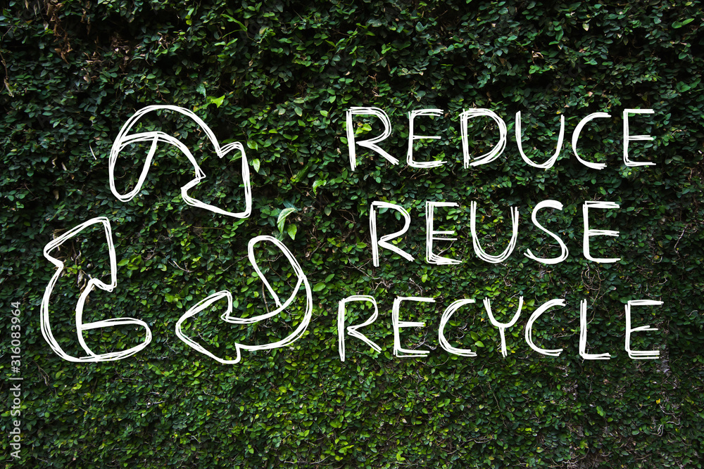 Poster Hand drawing Reduce - Reuse - Recycle symbol with green nature ...