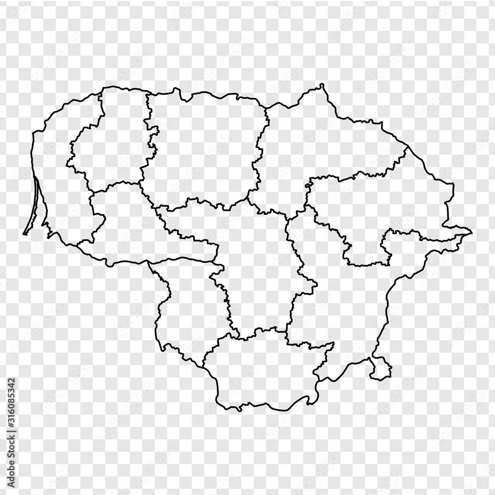 Blank map of Lithuania. High quality map Republic of Lithuania with provinces on transparent background for your web site design, logo, app, UI.  Europe. EPS10. 