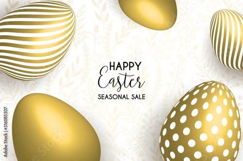 Happy Easter egg with flowers. Happy easter template with gold eggs, frame, pink flower. Vector illustration. Design layout for invitation, card, menu, flyer, banner