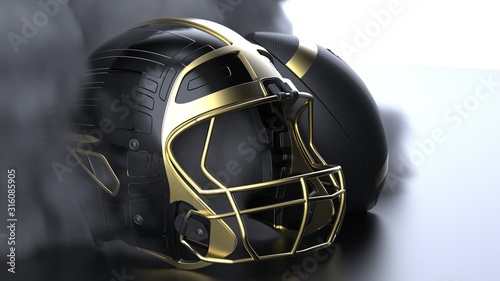 American football gold-black helmet and Ball with dark black toned foggy blur smoke under black-white laser lighting. 3D illustration. 3D high quality rendering.