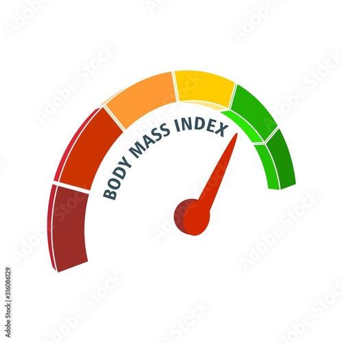 Body mass index meter read level result. Color scale with arrow from red to green. The measuring device icon. Vector illustration in isometric style. Colorful infographic gauge element