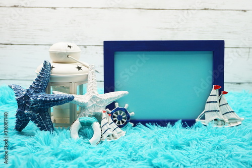 Mock up photo frame with nautical merine decoration photo