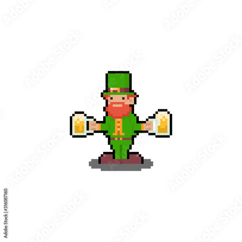 Pixel art cartoon St.patrick's day character with beers.