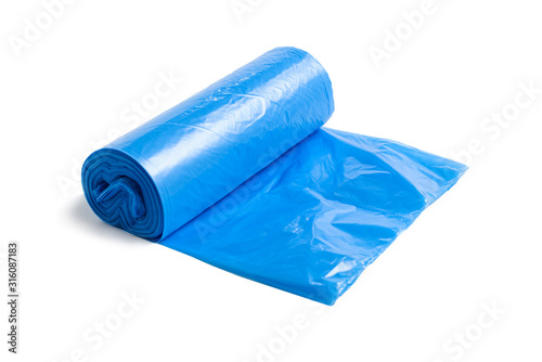 Blue plastic garbage bag isolated on the white background.