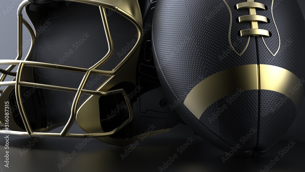 Fototapeta premium American football gold-black helmet and Ball with dark black toned foggy blur smoke under black-white laser lighting. 3D illustration. 3D high quality rendering.