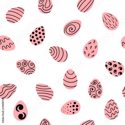 Seamless pattern with colored pink Easter eggs on white background. Simple flat vector illustration in hand drawn style.