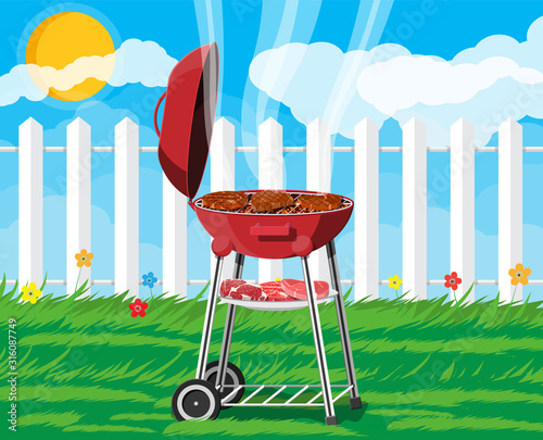 Round barbecue grill. Bbq icon. Electric grill. Device for frying food. Fresh meat and steak. Vector illustration in flat style