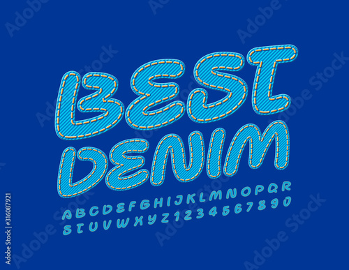 Vector blue logo Best Denim. Bright handwritten Font. Jeans style Alphabet Letters and Numbers.