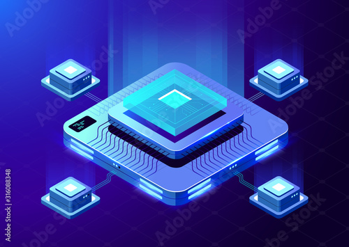 Quantum computer, large data processing. The microprocessor. Isometric illustration.
