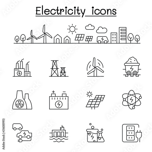 Electricity icons set in thin line style