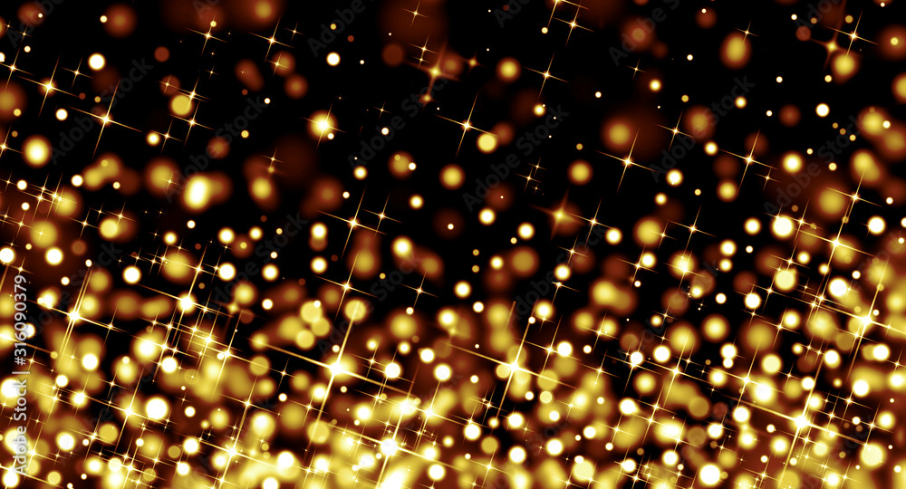 Holiday background, Golden bokeh lights on black, glitter, sparkling particles, yellow, Christmas, party, glow Holiday background, Golden bokeh lights on black, glitter, sparkling particles, yellow, Christmas, party, glow