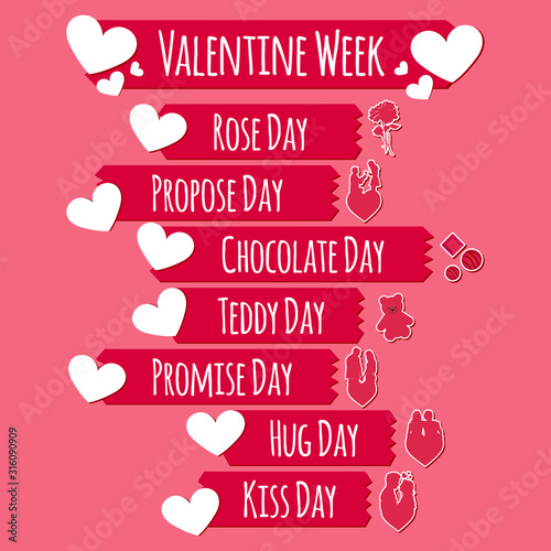 Valentine's week days, greeting card design with icons - Vector Illustration