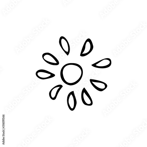 Single hand drawn the sun on a white isolated background. Doodle, simple outline illustration.