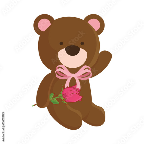 cute teddy bear with rose flower isolated icon