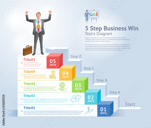 5 steps to business win concept. Businessman Men standing holding gold trophies on top infographics..