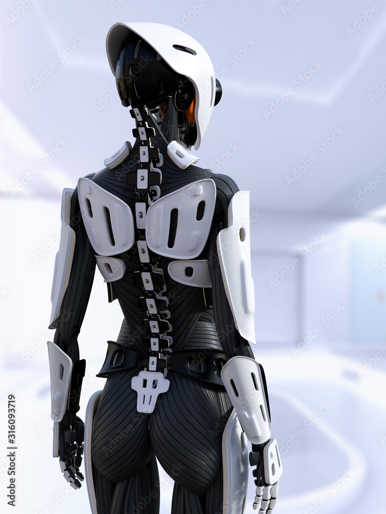 3D rendering of a female android robot with back against camera.