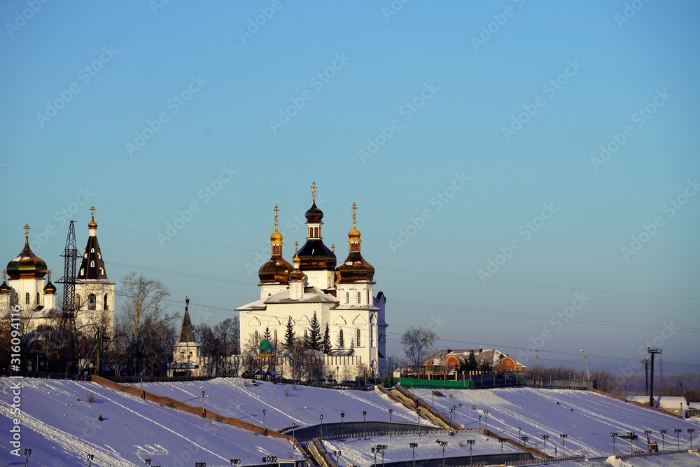 Panoramic view on Siberian monastery in winter