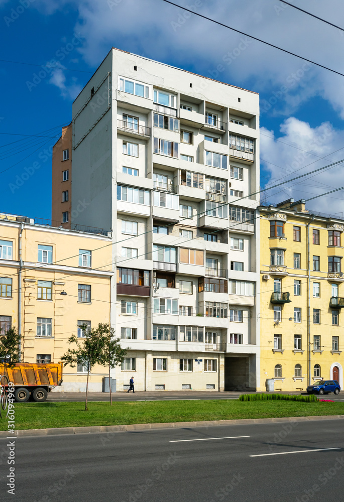 Cityscape with residential buildings in Saint-Petersburg, Russia, Soviet modernism style