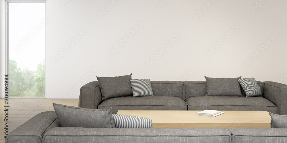 Perspective of modern living room with timber table and grey sofa on nature background. 3D rendering. - obrazy, fototapety, plakaty 