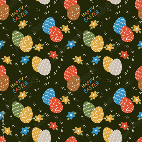 seamless pattern with flowers,eggs and rabbit trace for Easter. Bright color background for the Easter cards, paper wrapper and other objects.