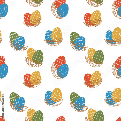 seamless pattern with eggs and basket for Easter. Bright color background for the Easter cards, paper wrapper and other objects.