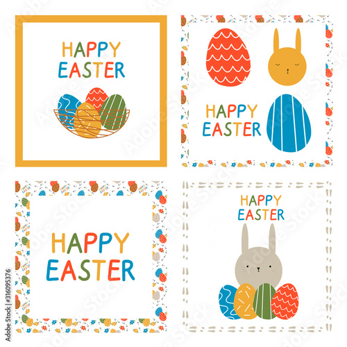 Happy Easter card 10.5*10.5 with eggs, basket and rabbit