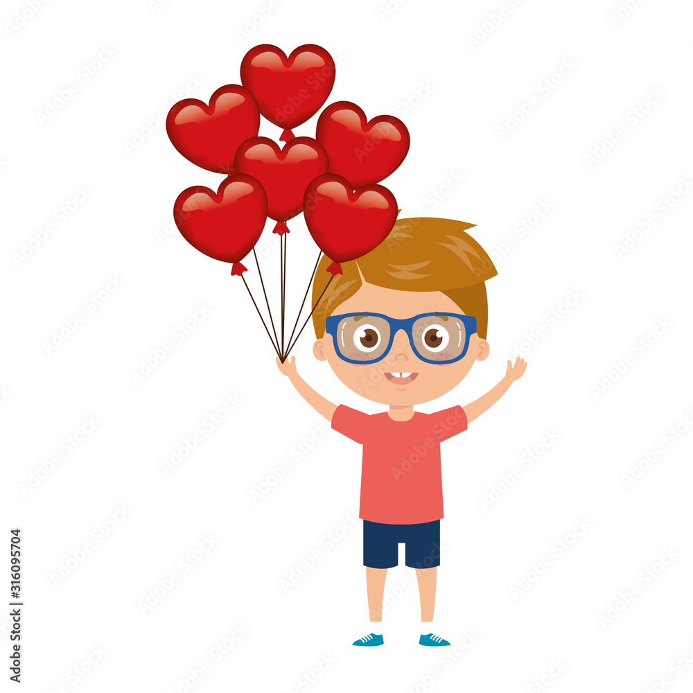 little boy with balloons helium in shape heart little boy with balloons helium in shape heart