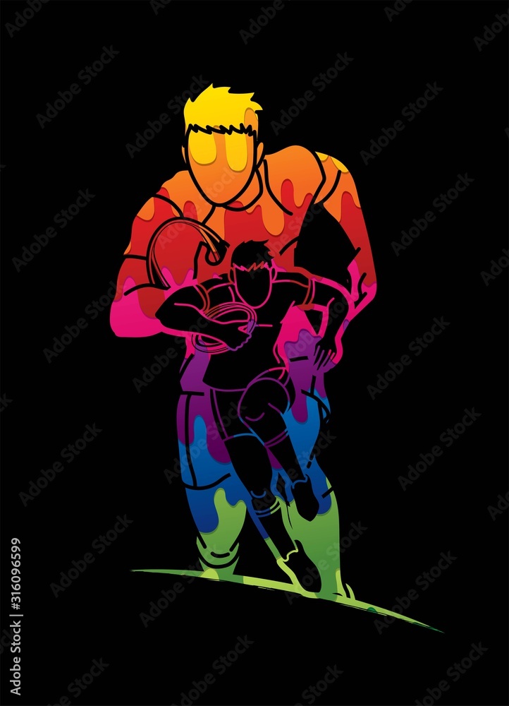 Group of Rugby players action cartoon graphic vector.