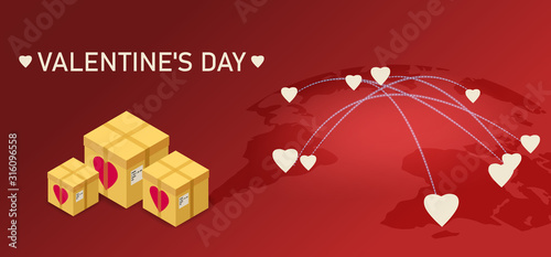 Valentines day gift boxes delivery, map Earth delivery tracking logistics cargo