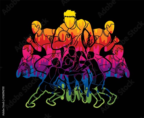 Group of Rugby players action cartoon graphic vector.