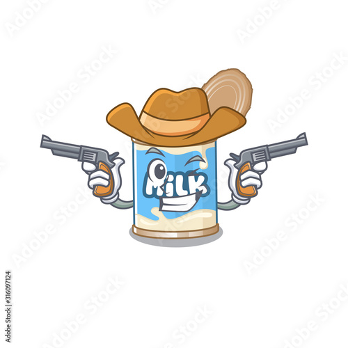 Condensed milk dressed as a Cowboy having guns
