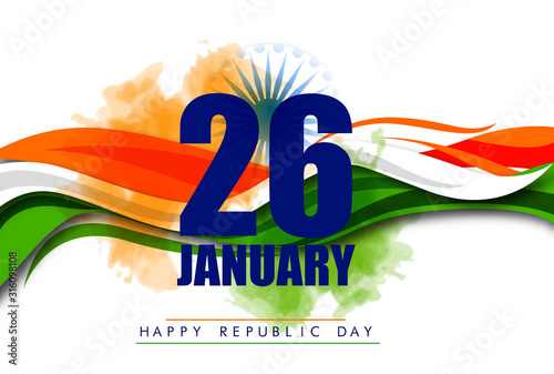 Illustration of wave abstract of Happy Indian Republic day celebration poster or banner background with text 26 January and Indian Flag 
