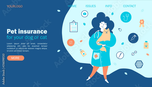 Pet insurance. Concept vets with pets, protection and care for pets. Website template