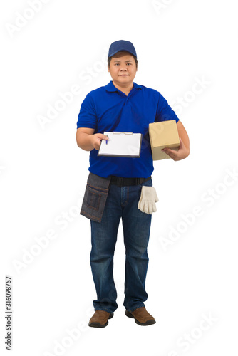 asian delivery man working in blue shirt with Waist bag for equipment hand holding parcel and presenting receiving form for signing isolated white background © sirastock