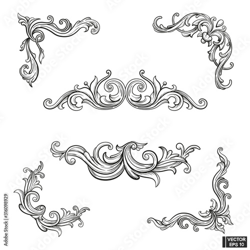 Set of element baroque engraving floral scroll