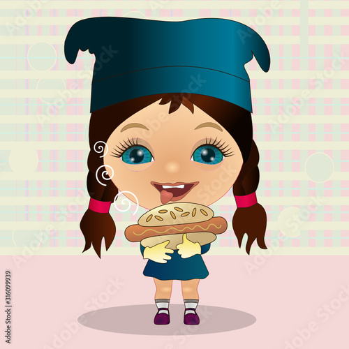 cool happy smiling girl stands sticking out his tongue with pleasure and holds a hot dog, color vector illustration
