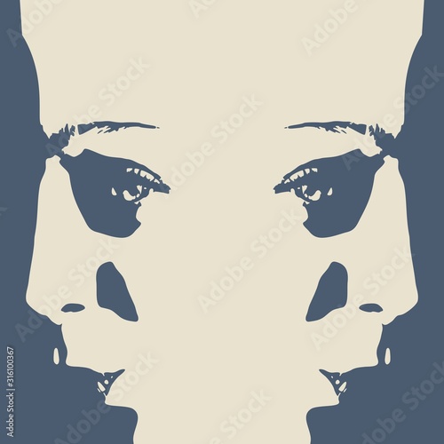 Face half turn view. Elegant silhouettes of a two female heads.