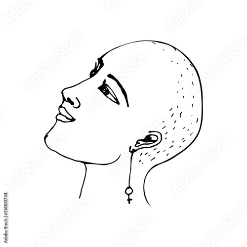 Vector illustration with a portrait of a young feminist woman. Line drawing of a girl bald in profile with a sign of feminism looking up. Outline