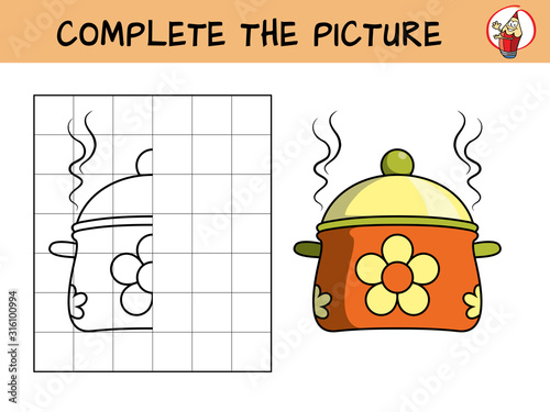 Complete the picture of a pot. Copy the picture. Coloring book. Educational game for children. Cartoon vector illustration