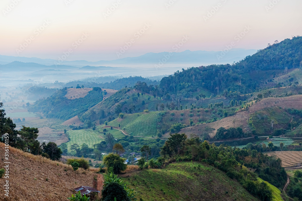 Obraz premium View of village and mountain covered in foggy during morning sunrise.