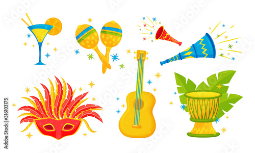 Festive Brazil Attributes and Symbols with Maracas and Carnival Mask Vector Set
